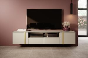 Verica 200 cm-es TV-szekrény, falra szerelhető, nyitott polccal - kasmír / arany fogantyúk