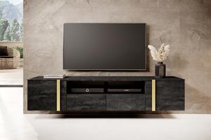 Verica 200 cm-es TV-szekrény, falra szerelhető, nyitott polccal - szénfekete / arany fogantyúk