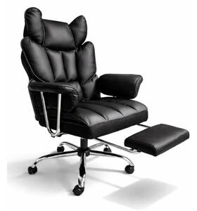 Gamer és irodai szék lábtartóval, fekete ökobőr borítással, állítható magassággal, dönthető háttámlával, ergonomikus kartámaszokkal, deréktámasszal, 150 kg teherbírással