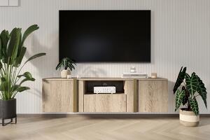 Verica 150 cm-es TV-szekrény, falra szerelhető, nyitott polccal - szivacsos-tölgy / arany fogantyúk