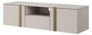 Verica 150 cm-es TV-szekrény, falra szerelhető, nyitott polccal - kasmír / arany fogantyúk