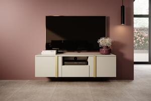 Verica 150 cm-es TV-szekrény, falra szerelhető, nyitott polccal - kasmír / arany fogantyúk