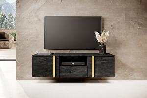 Verica 150 cm-es TV-szekrény, falra szerelhető, nyitott polccal - szénfekete / arany fogantyúk