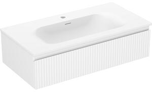 Mexen Rivel, fürdőszobaszekrény 90 cm Vela mosdóval, 1 fiókkal, rovátkolt, matt fehér, 91A20-09023-1-BF01-W23M01