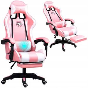 Kényelmes gamer szék rózsaszín-fehér masszázspárnával