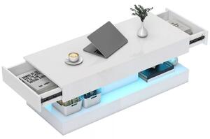 HOMCOM Nappali dohányzóasztal fiókokkal és LED lámpákkal, Modern kanapéasztal nyitott polccal, Fehér