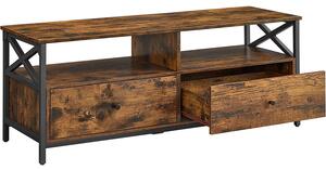 TV szekrény 2 fiókkal, 2 polccal, ipari fémvázzal, 120x40x50 cm, rusztikus design, barna