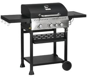 Outsunny Gázgrill, BBQ grill, 4 fő égő, 1 oldalsó égő, 1 melegítőlap, fekete