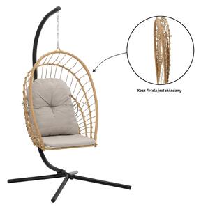 Eris összecsukható függőfotel, barna technorattan és szürke párnával, fekete acél vázzal