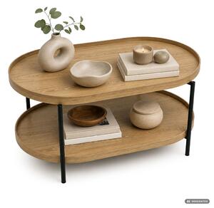 AKORD Furniture Factory Cortado Dohányzóasztal MDF Természetes Fa Fekete Lábakkal, Ovális Polccal