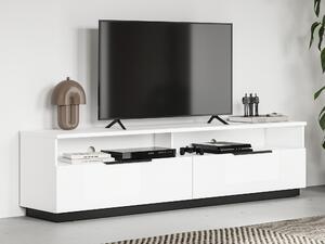 TV-állvány Talevaro 102, Laminált forgácslap, 51x200x41cm, Fehér, Fényes fehér, Fekete