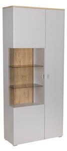 Könyvespolc Tenelmo 107, Zárt, Ajtókkal, Üveg, Közepes sűrűségű farostlemez, Laminált forgácslap, 207x90x37cm, Tölgy, Szürke