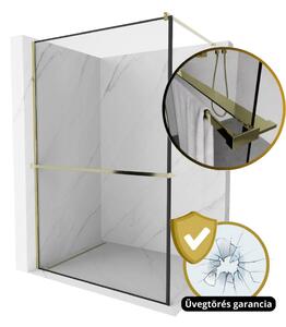 HD Velence+ Gold Walk-In zuhanyfal 8 mm vastag vízlepergető biztonsági üveggel, 200 cm magas, arany profillal és távtartóval