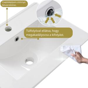 MART 55 cm széles álló fürdőszobai mosdószekrény, fényes fehér, króm kiegészítőkkel, 2 soft close ajtóval, íves kerámia mosdóval