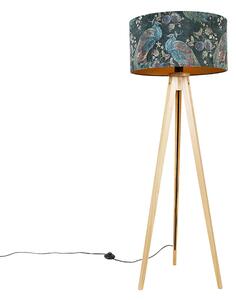 Modern állólámpa fa szövet árnyalatú páva 50 cm - Tripod Classic
