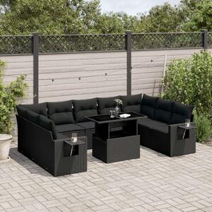 VidaXL 10 részes fekete polyrattan kerti ülőgarnitúra párnákkal