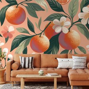 Tapéta narancsok és virágok barack háttéren