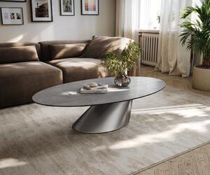 DELIFE Dohányzóasztal Edge ovális 140x80 cm kerámia beton szürke Conis rozsdamentes acél szálcsiszolt