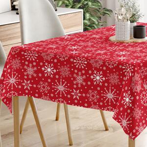 Goldea karácsonyi pamut asztalterítő - hópihék piros alapon 80 x 80 cm