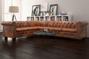 6 személyes barna műbőr Chesterfield sarok kanapé