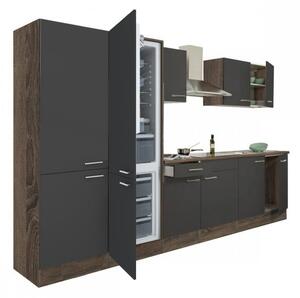 Yorki 330 konyhablokk yorki tölgy korpusz,selyemfényű antracit fronttal polcos szekrénnyel és alulfagyasztós hűtős szekrénnyel