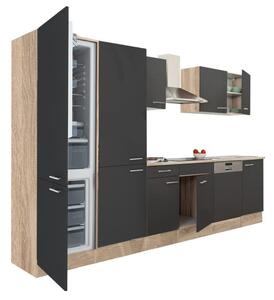 Yorki 340 konyhablokk sonoma tölgy korpusz,selyemfényű antracit fronttal polcos szekrénnyel és alulfagyasztós hűtős szekrénnyel