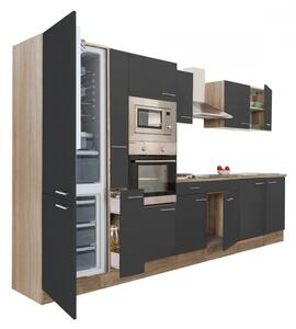 Yorki 360 konyhablokk sonoma tölgy korpusz,selyemfényű antracit fronttal alulfagyasztós hűtős szekrénnyel