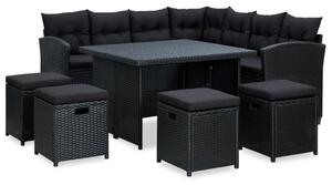 6 részes fekete polyrattan kerti bútorszett párnákkal