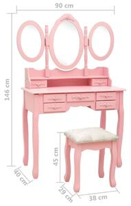 VidaXL rózsaszín fésülködőasztal ülőkével és háromrészes tükörrel