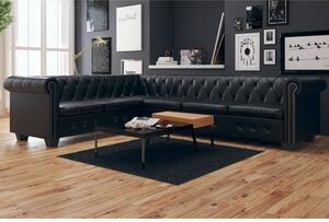 6 személyes fekete műbőr Chesterfield sarok kanapé