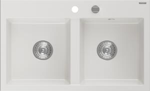 Mexen Hektor, 2 kamrás gránit mosogató 800x480x205 mm, fehér, króm szifon, 6521802000-20