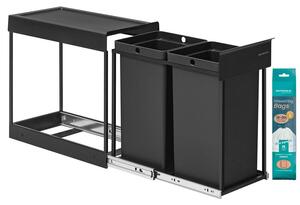 Beépíthető konyhai szemetes szelektív hulladékgyűjtéshez, 2 x 15 L dupla rekeszes, fekete