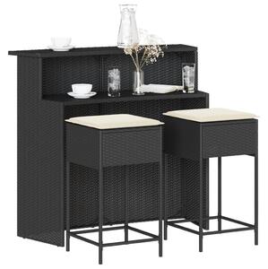 3 részes fekete polyrattan kerti bárszett párnával