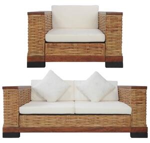 2 részes barna természetes rattan kanapészett párnákkal