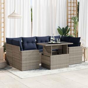 7 részes szürke polyrattan akácfa kerti ülőgarnitúra párnákkal