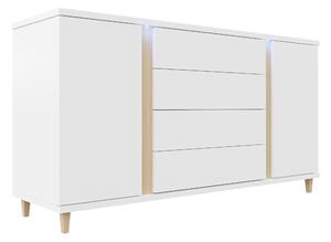 Komód Florem, Laminált forgácslap, 88x180x40cm, Fehér, Világos fa, Fényes fehér