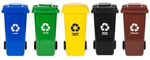 5×120 L színes HDPE szemetes szett gumikerék – kék, zöld, sárga, fekete, barna