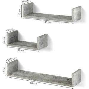 Vicco U alakú fali polc szett, 3 db-30,45,60 cm- beton szín