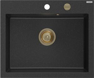 Mexen Elix, 1 rekeszes gránit mosogató 600 x 500 mm, fekete/ezüstmetál, arany szifon - 6525601005-73-G