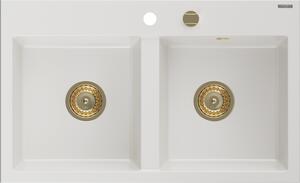 Mexen Hektor, 2 kamrás gránit mosogató 800x480x205 mm, fehér, arany szifon, 6521802000-20-G