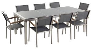 Nyolcszemélyes szürke gránit étkezőasztal szürke textilén székekkel GROSSETO