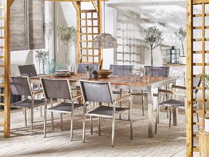 Nyolcszemélyes étkezőasztal eukaliptusz asztallappal és szürke textilén székekkel GROSSETO