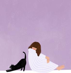 Illusztráció Girl and Cat, Bea Muller, (30 x 40 cm)