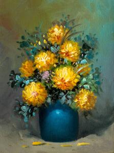 Illusztráció Chrysanthemum Bouquet in Blue Vase Oil Painting, Dan Totilca, (30 x 40 cm)