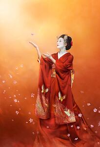 Művészi plakát Geisha in long red kimono catching a cherry blosso, Coneyl Jay, (26.7 x 40 cm)