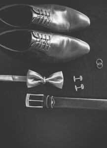 Művészeti fotózás Black man's shoes, cufflinks, wedding rings,, Nadtochiy, (26.7 x 40 cm)