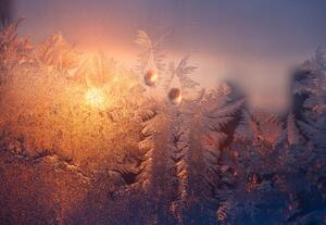 Fotográfia Frosty window with drops and ice pattern at sunset, Sergiy Trofimov Photography, (40 x 26.7 cm)