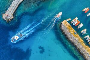 Fotográfia Aerial view of colorful boats and, den-belitsky