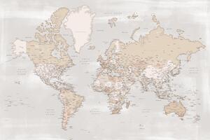 Rustic detailed world map with cities, Lucille Térképe, Blursbyai, (40 x 26.7 cm)