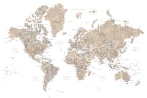 Neutral watercolor detailed world map with cities, Abey Térképe, Blursbyai, (40 x 26.7 cm)